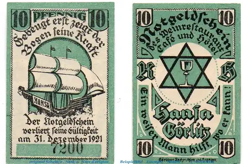 Notgeld Görlitz Hotel Cafe Hansa 450.1 , 10 Pfennig Schein in kfr. von 1921 , Schlesien Seriennotgeld