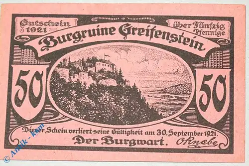 Notgeld Greifenstein , 50 Pfennig Schein Nr 1 , Mehl Grabowski 469.1 , Thüringen Seriennotgeld