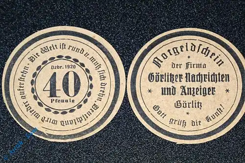 Notgeld Görlitz , Nachrichten & Anzeiger , 40 Pfennig Schein , Mehl Grabowski 449.4 , Schlesien Seriennotgeld
