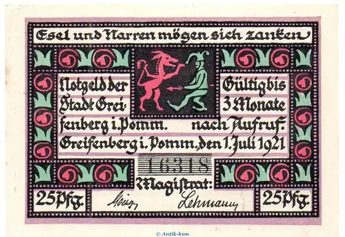 Notgeld Stadt Greifenberg 467.1 , 25 Pfennig Schein in kfr. von 1921 , Pommern Seriennotgeld