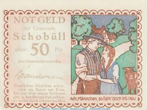 Notgeld Gemeinde Schobüll 1194.5 , 50 Pfennig Schein Nr.1 in kfr. o.D. Schleswig Holstein Seriennotgeld