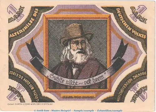 Notgeld Altershilfe Breslau 185.1 , 1 Mark Schein in kfr. o.D. Schlesien Seriennotgeld