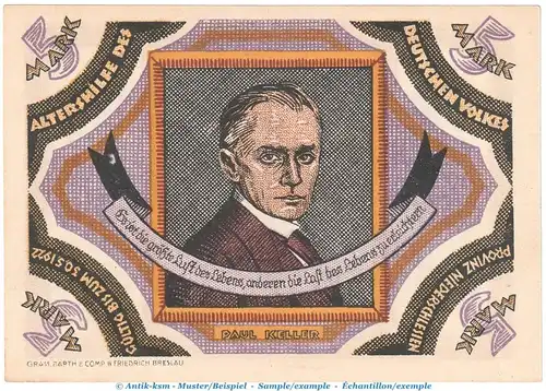 Notgeld Altershilfe Breslau 185.1 , 5 Mark Schein in kfr. o.D. Niederschlesien Seriennotgeld