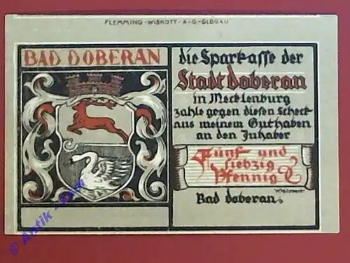 Notgeld Bad Doberan , Blanco , Mecklenburg Vorpommern , Einzelschein 75 Pfennig , Cistercienser Kirche , Seriennotgeld , 276.4 , von 1922