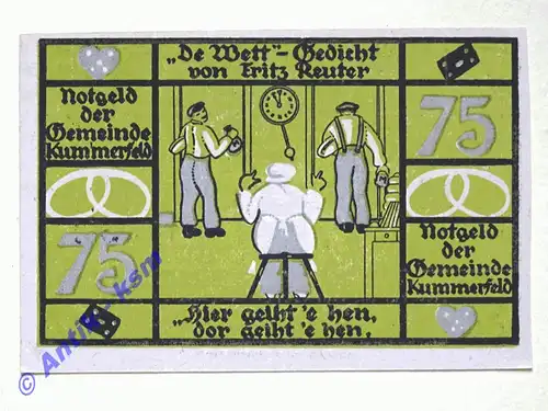 Notgeld Kummerfeld , Schleswig Holstein , Einzelschein über 75 Pfennig 3 Männer , Mehl Grabowski 749.6 A , Seriennotgeld