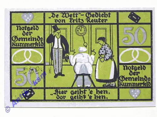 Notgeld Kummerfeld , Schleswig Holstein , Einzelschein über 50 Pfennig 2 Männer und 1 Frau , Mehl Grabowski 749.6 A , Seriennotgeld