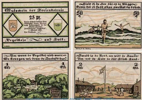 Notgeld Kampen auf Sylt -Vogelkoje- 673.1 , Set mit 4 Scheinen in kfr. von 1921 , Schleswig Holstein Seriennotgeld