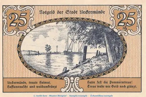 Notgeld Stadt Ueckermünde 1350.1 , 50 Pfennig Schein Nr.1 in kfr. von 1921 , Mecklenburg Vorpommern Seriennotgeld