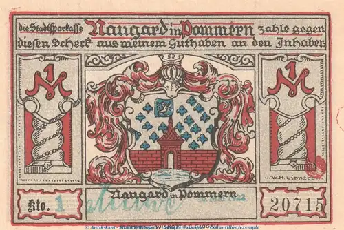 Notgeld Sparkasse Naugard 923.1.a , 1 Mark Schein -grün gest- in kfr. von 1922 , Pommern Seriennotgeld