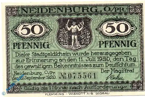 Notgeld Neidenburg , 50 Pfennig Schein , schwarze Kn , Mehl Grabowski 932.2 , von 1920 , Ostpreussen Seriennotgeld