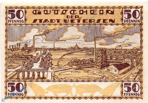 Notgeld Uetersen , 50 Pfennig Scheinen in kfr , gelb , Mehl Grabowski 1352.2 , Schleswig Holstein Seriennotgeld