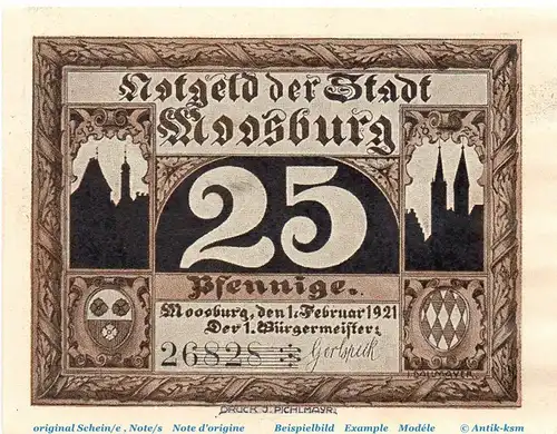 Notgeld Stadt Moosburg 899.1 , 25 Pfennig Schein Nr 2 in kfr. von 1921 , Bayern Seriennotgeld