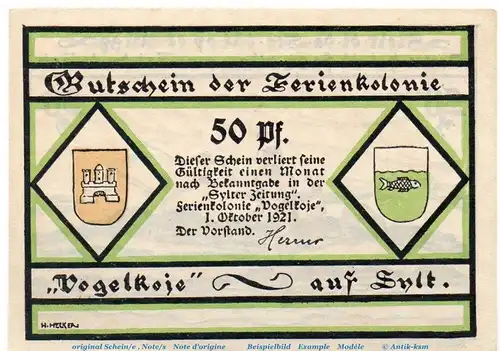Notgeld Vogelkoje Kampen auf Sylt , 50 Pfennig Schein in kfr. von 1921 , Schleswig Holstein Seriennotgeld