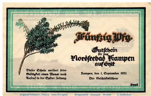 Notgeld Kurverwaltung Kampen , 674.1 , 50 Pfennig Schein in kfr. von 1921 , Schleswig Holstein Seriennotgeld