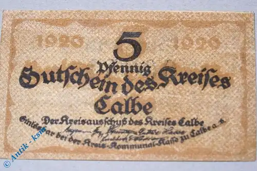Notgeld Calbe , Kreis , 5 Pfennig Schein , Tieste 1070.10.01 , von 1920 , Sachsen Verkehrsausgabe