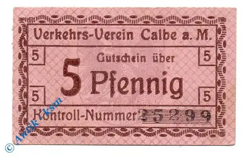 Notgeld Calbe , Verkehrsverein , 5 Pfennig Schein Karton , Tieste 1065.15.10 , Sachsen Verkehrsausgabe