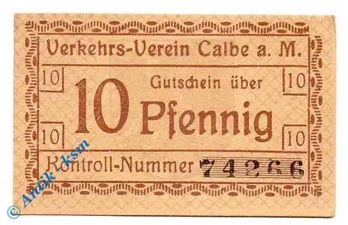 Notgeld Calbe , Verkehrsverein , 10 Pfennig Schein Karton , Tieste 1065.15.11 , Sachsen Verkehrsausgabe