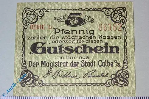 Calbe , Notgeld 5 Pfennig Schein in kfr. Tieste 1070.15.01 , Sachsen Verkehrsausgabe