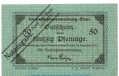 Notgeld Klostergut Ettal 1810.05.75 , 50 Pfennig Schein in kfr. von 1919 , Bayern Verkehrsausgabe