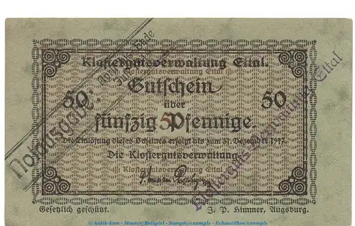 Notgeld Klostergut Ettal 1810.05.65 , 50 Pfennig Schein in kfr. von 1919 , Bayern Verkehrsausgabe