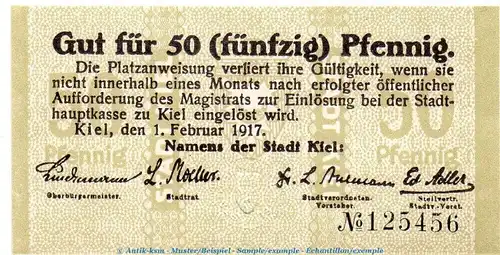 Notgeld Stadt Kiel 3470.40.10 , 50 Pfennig Schein in kfr. von 1917 , Schleswig Holstein Verkehrsausgabe
