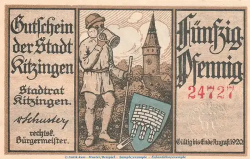 Notgeld Stadt Kitzingen , 50 Pfennig Schein in kfr. Tieste 3510.05.65 o.D. Bayern Verkehrsausgabe