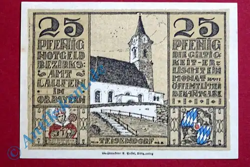 Laufen , Notgeld Schein über 25 Pfennig in kfr. Tieste 3925.05.25 , Bayern 1920 Verkehrsausgabe