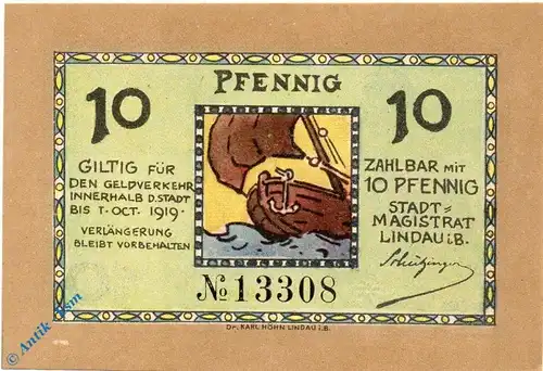 Notgeld Lindau , 10 Pfennig Schein , Tieste 4105.05.01 , Bayern Verkehrsausgabe