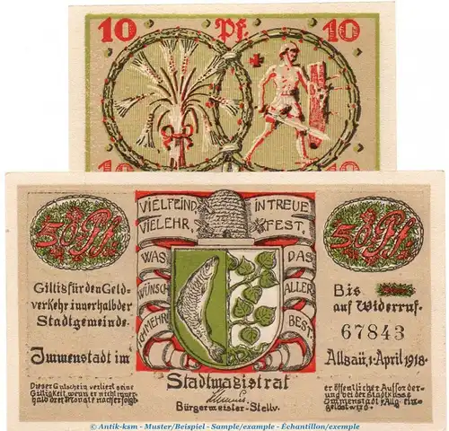 Notgeld Stadt Immenstadt 3200.10.20 bis 26 , Set mit 2 Scheinen in kfr. von 1918 , Bayern Verkehrsausgabe