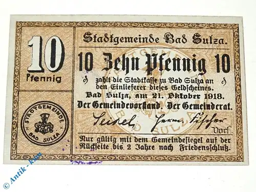 Notgeld Bad Sulza , 10 Pfennig Schein , Tieste 7230.05.10 b , von 1918 , Sachsen Verkehrsausgabe