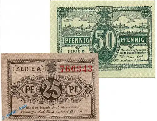 Notgeld Schwerin , Set mit 2 Scheinen in kfr. Tieste 6790.10.05-06 , o.D. Mecklenburg Schwerin Verkehrsausgabe