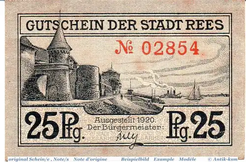 Notgeld Rees , 25 Pfennig Schein in kfr. Tieste 5950.05.05 , von 1920 , Rheinland Verkehrsausgabe