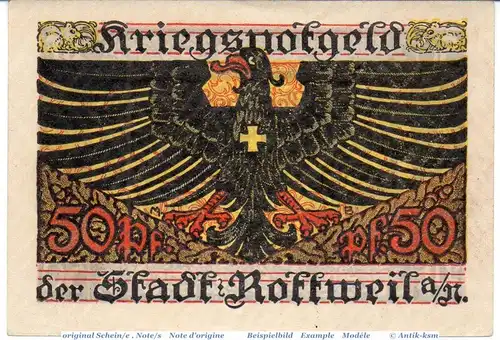 Notgeld Rottweil , 50 Pfennig Schein 4. Aufl. in kfr. Tieste 6265.05.15 , von 1918 , Württemberg Verkehrsausgabe