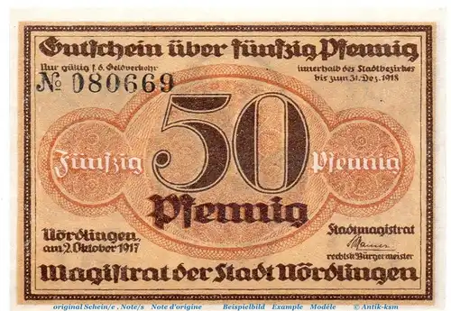 Notgeld Stadt Nördlingen 5140.05.05 , 50 Pfennig Wz Tropfen von 1917 , Bayern Verkehrsausgabe