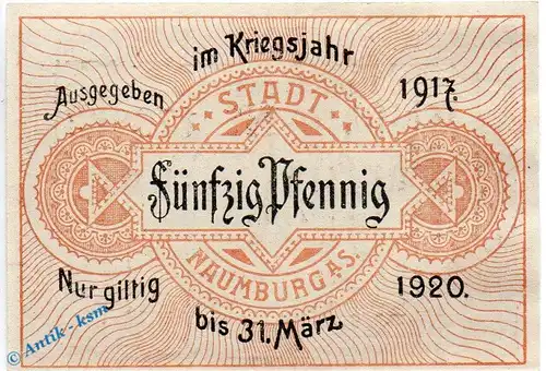 Notgeld Naumburg , 50 Pfennig Schein in kfr. Tieste 4770.10.05 , von 1917 , Provinz Sachsen Verkehrsausgabe