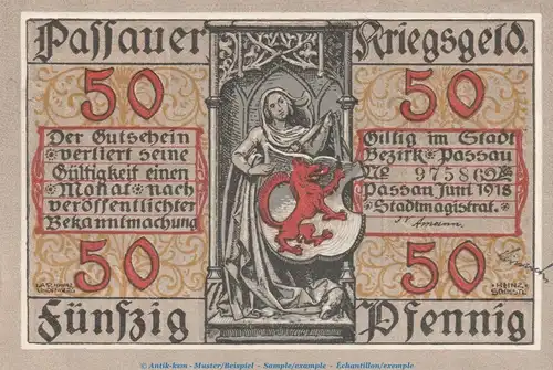 Notgeld Stadt Passau , 50 Pfennig -Schippen- in kfr. Tieste 5515.05.010 von 1918 , Sachsen Verkehrsausgabe