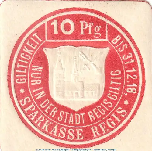 Notgeld Stadt Regis , 10 Pfennig Schein in kfr. Tieste 5965.05.15 o.D. Sachsen Verkehrsausgabe