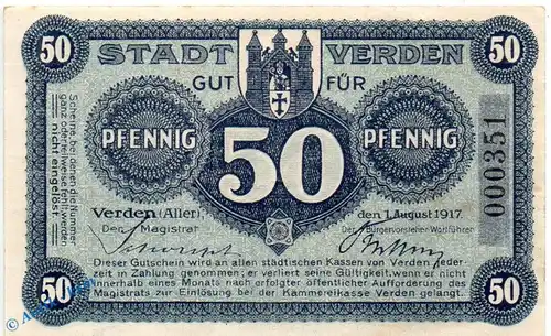 Notgeld Verden , 50 Pfennig Schein f-kfr. Mäander , Tieste 7590.05.02 , von 1917 , Niedersachsen Verkehrsausgabe
