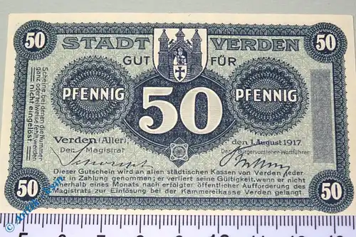 Notgeld Verden , 50 Pfennig Schein , Ohne Kennummer , Musterschein  , Tieste 7590.05.02.M , von 1917 , Niedersachsen Verkehrsausgabe