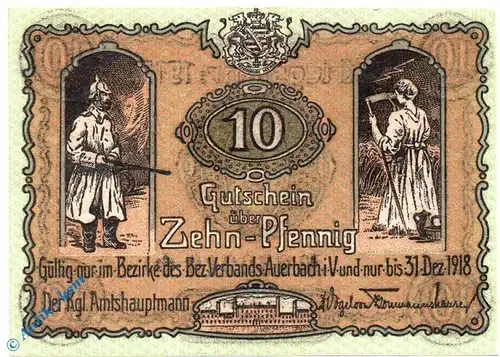 Notgeld Auerbach , 10 Pfennig Schein grün , Tieste 0255.05.05 , von 1918 , Sachsen Verkehrsausgabe