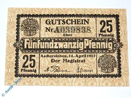 Notgeld Aschersleben , 25 Pfennig Schein mit A , Tieste 0225.10.20 , von 1917 , Sachsen Verkehrsausgabe