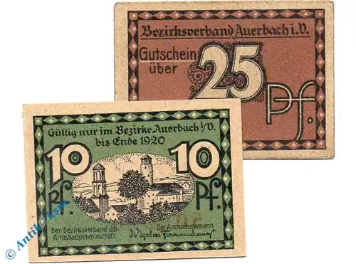 Notgeld Auerbach , Set mit 2 Scheinen in kfr. Tieste 0255.05.15 und 16 , Sachsen Verkehrsausgabe