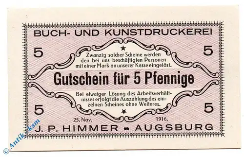 Notgeld Augsburg , J.P. Himmer , 5 Pfennig Schein , Tieste 0260.35.40 , von 1916 , Bayern Verkehrsausgabe