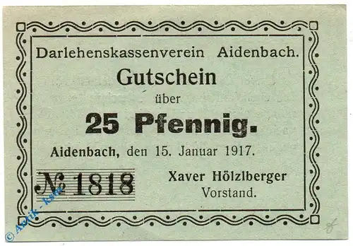 Notgeld Aidenbach , 25 Pfennig Schein , Tieste 0025.05.25 , 1917 , Bayern Verkehrsausgabe