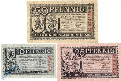 Notgeld Kreise Altenkirchen Waldbröl 00602.05.01-03 , Set mit 3 Scheinen in kfr. , von 1920 , Rheinland Verkehrsausgabe