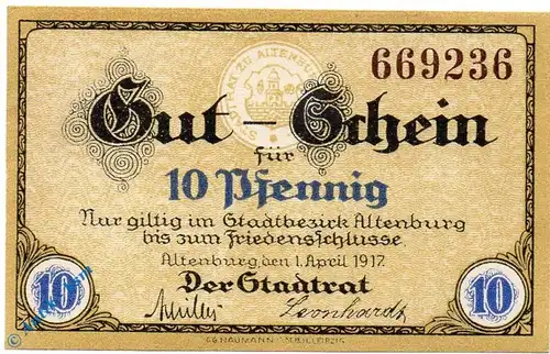 Notgeld Altenburg , 10 Pfennig Schein , Tieste 0055.20.02 , von 1917 , Sachsen Verkehrsausgabe