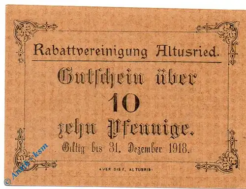 Notgeld Altusried , Rabattvereinigung , 10 Pfennig Schein , Tieste 0090.10.05 , Bayern Verkehrsausgabe