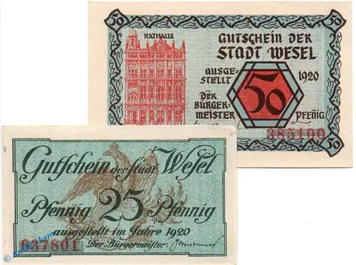 Notgeld Wesel , Set mit 2 Scheinen in kfr. Tieste 7840.05.15-16 , von 1920 , Rheinland Verkehrsausgabe