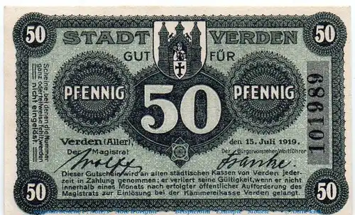 Notgeld Stadt Verden 7590.05.11 , 50 Pfennig Schein in kfr. von 1919 , Niedersachsen Verkehrsausgabe