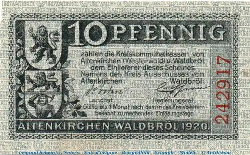 Notgeld Kreise Altenkirchen Waldbröl 00602.05.01 , 10 Pfennig Schein in kfr. , von 1920 , Rheinland Verkehrsausgabe